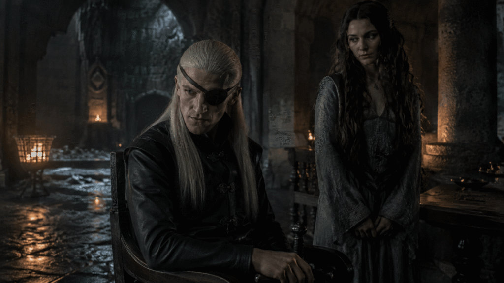  Prince Aemond and Alys Rivers at Harrenhal in House of the Dragon Season 3 Episode 7.